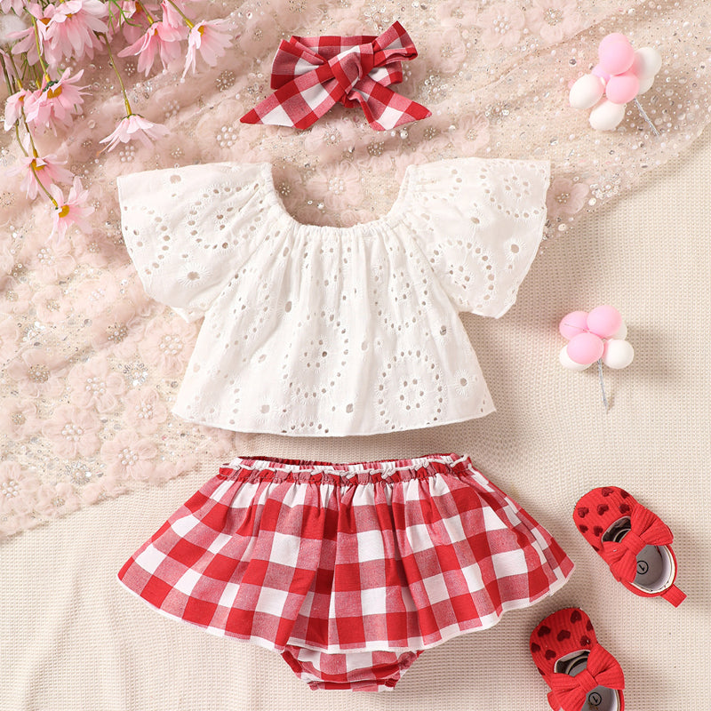 Eyelet Round Neck Top and Plaid Skort Set