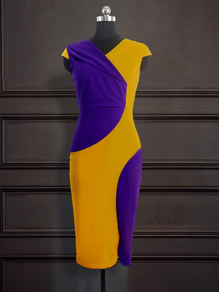 Women Bodycon Dress Yellow Purple Patchwork