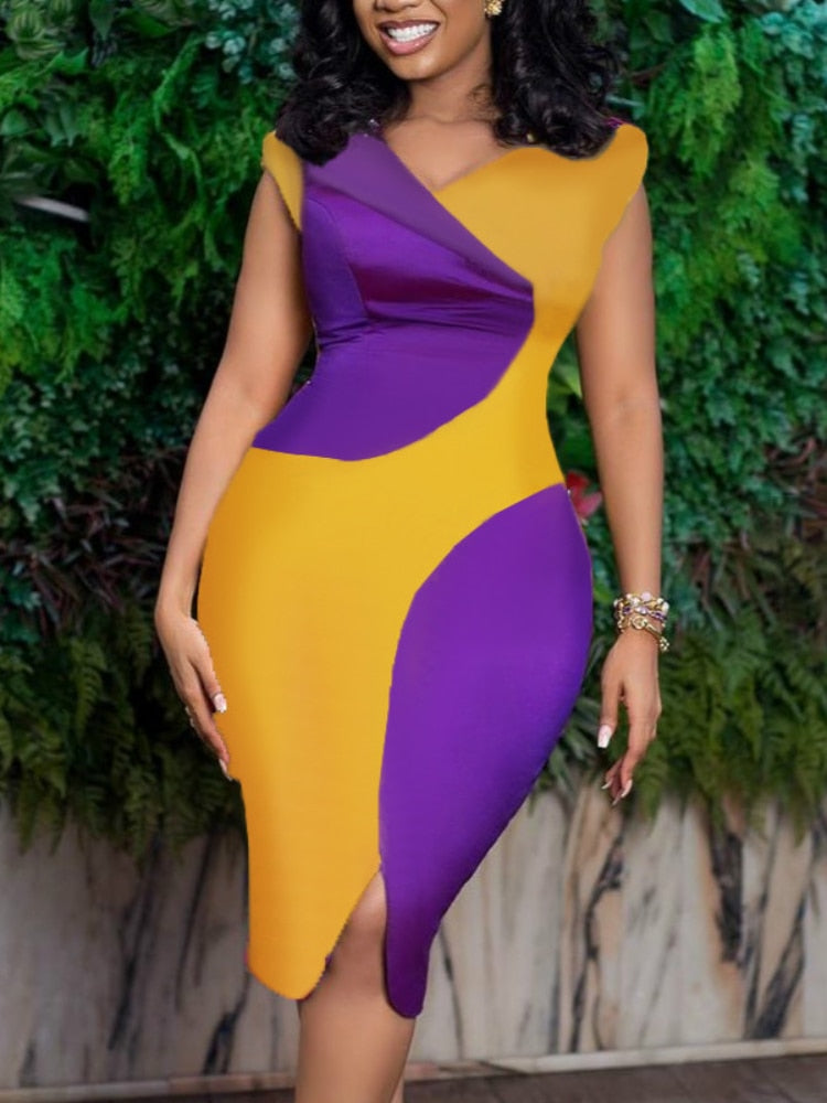 Women Bodycon Dress Yellow Purple Patchwork