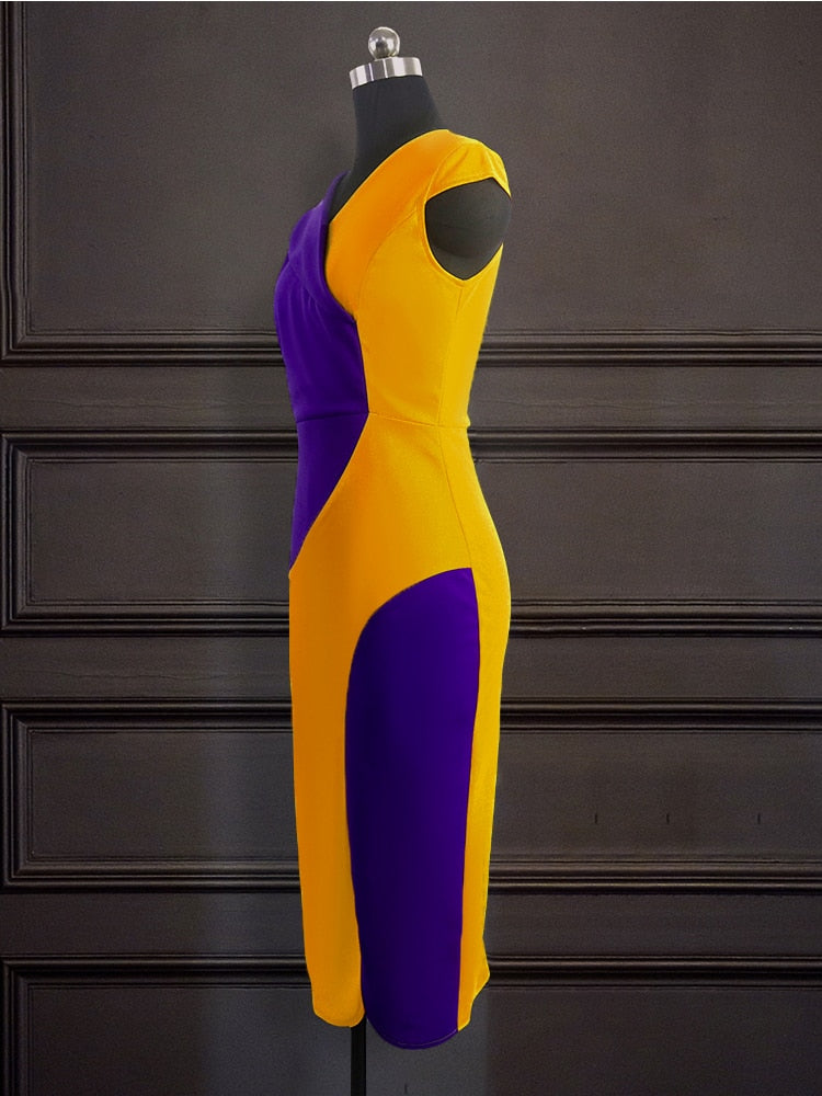 Women Bodycon Dress Yellow Purple Patchwork