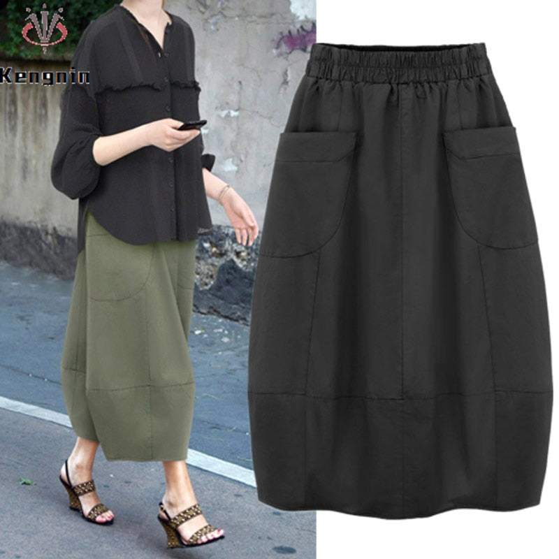 2022 Autumn Plus Size 4XL Women's Skirt Casual Big Pockets Lady Skirts Elastic Waist Female Bottom Clothing Skirts KN547