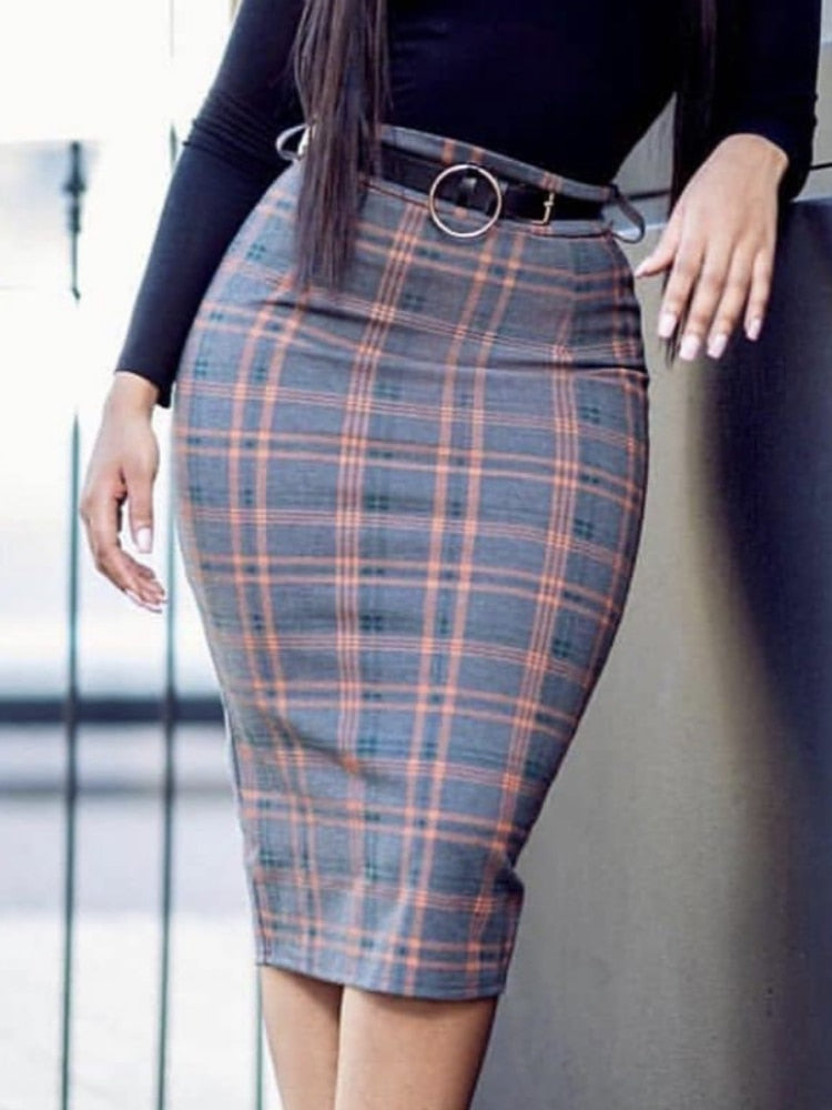 High Waist Plaid Pencil Skirts