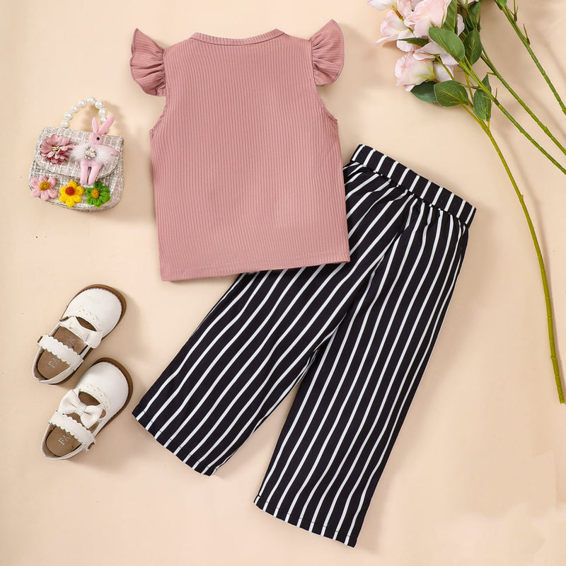 Round Neck Butterfly Sleeve Top and Striped Pants Set